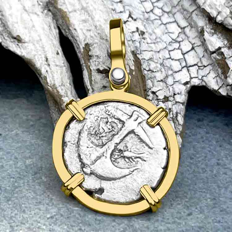 Ancient Greek Gorgon &amp; Anchor Symbol of Protection Silver Drachm 400 BC Gold Pendant