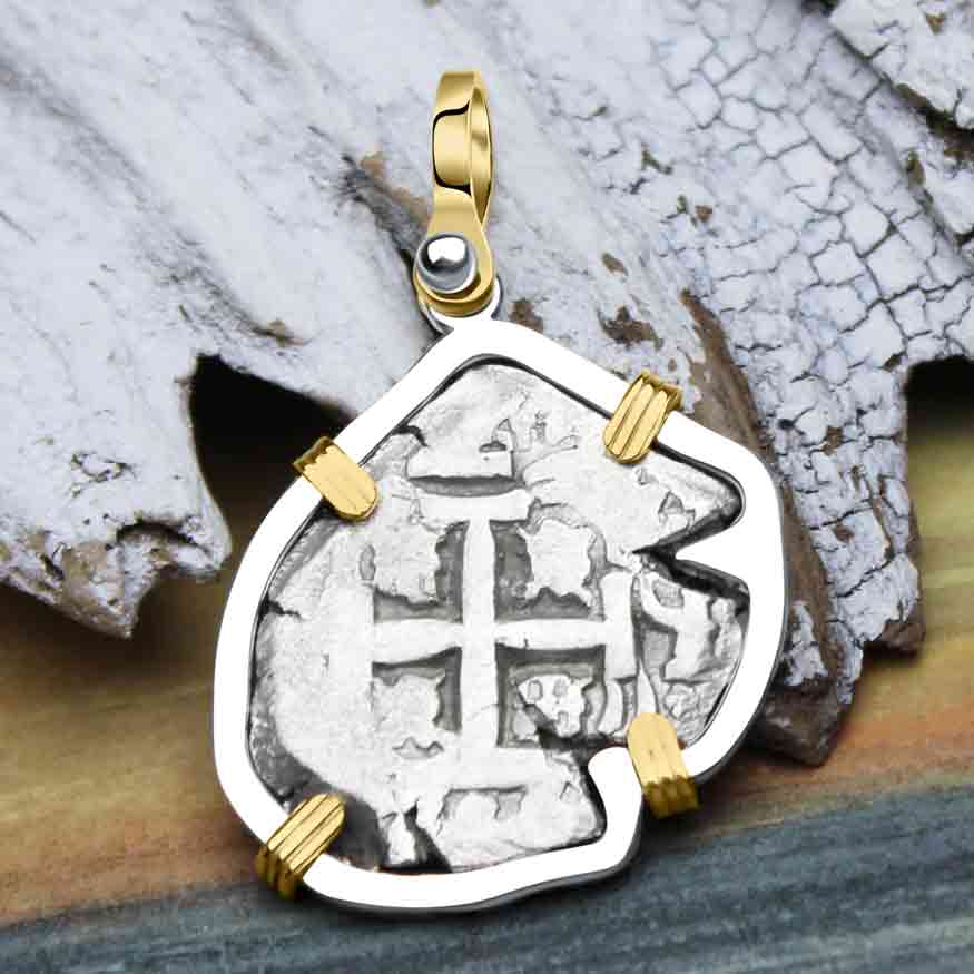 Pirate Era 1756 Spanish 2 Reale &quot;Piece of Eight&quot; 14K Gold and Sterling Silver Pendant
