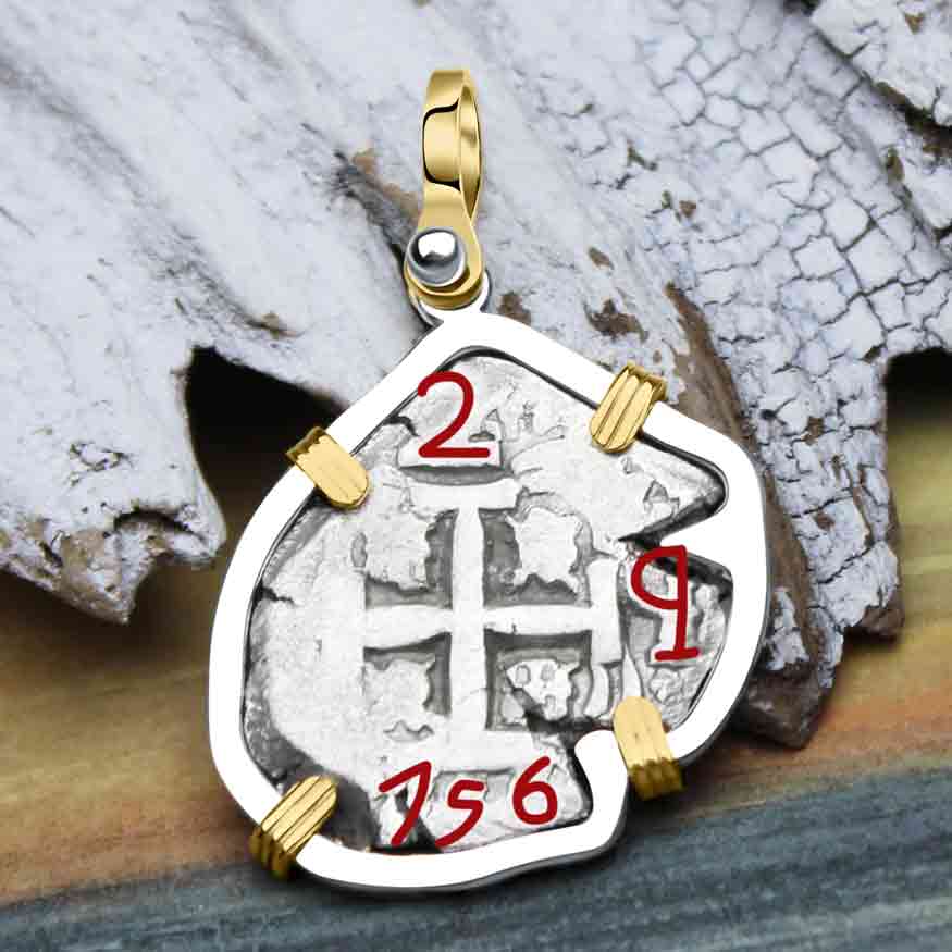 Pirate Era 1756 Spanish 2 Reale "Piece of Eight" 14K Gold and Sterling Silver Pendant