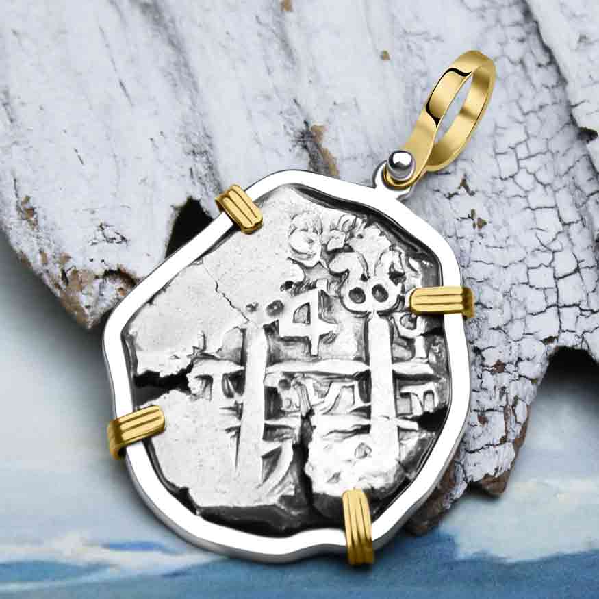 Pirate Era 1752 Spanish 4 Reale &quot;Piece of Eight&quot; 14K Gold and Sterling Silver Pendant