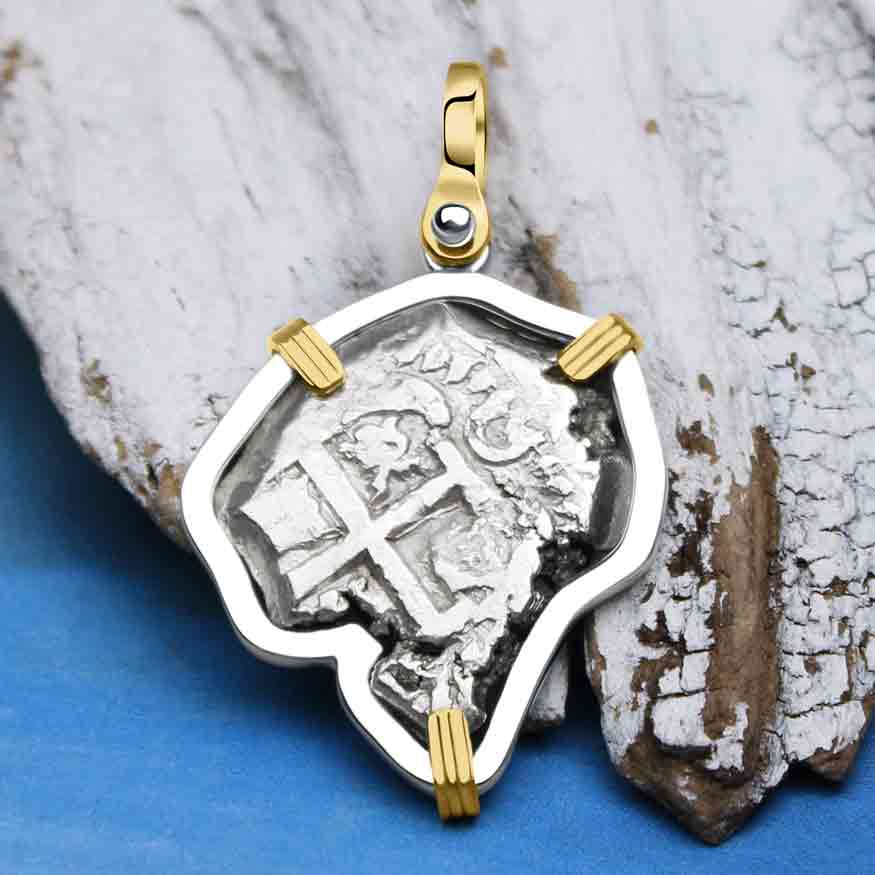 Pirate Era 1744 Spanish 2 Reale "Piece of Eight" 14K Gold and Sterling Silver Pendant