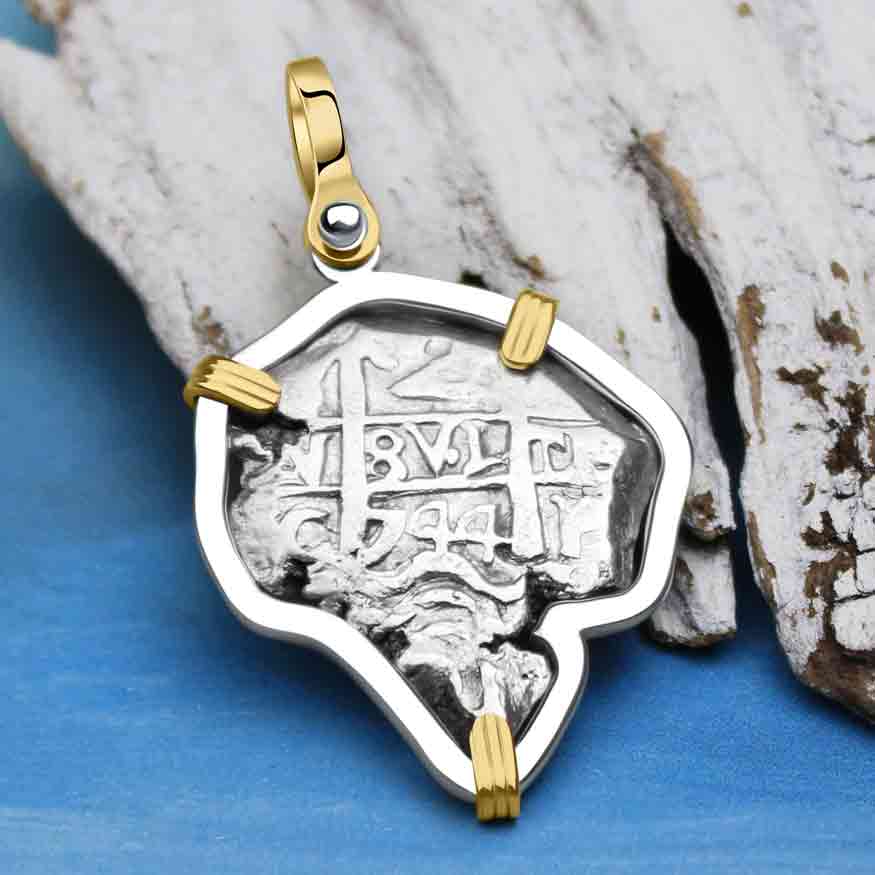 Pirate Era 1744 Spanish 2 Reale &quot;Piece of Eight&quot; 14K Gold and Sterling Silver Pendant