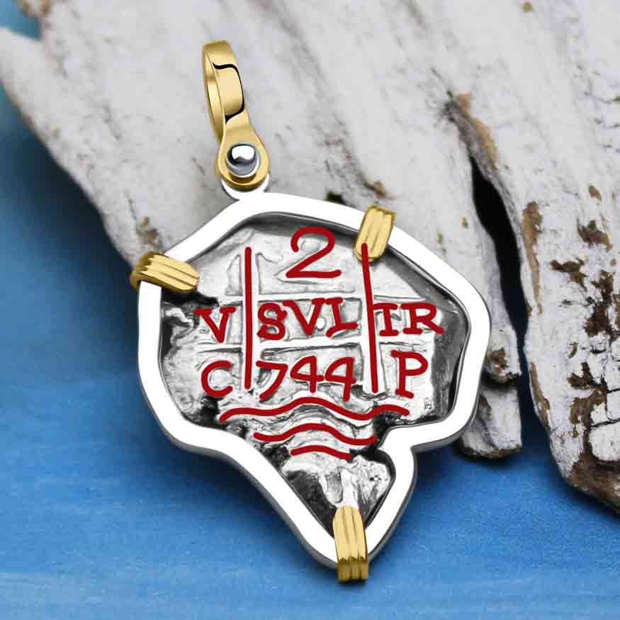 Pirate Era 1744 Spanish 2 Reale &quot;Piece of Eight&quot; 14K Gold and Sterling Silver Pendant