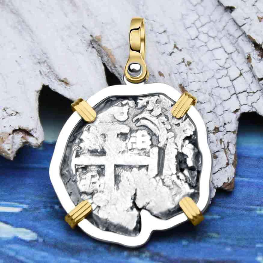 Pirate Era 1743 Spanish 2 Reale "Piece of Eight" 14K Gold and Sterling Silver Pendant
