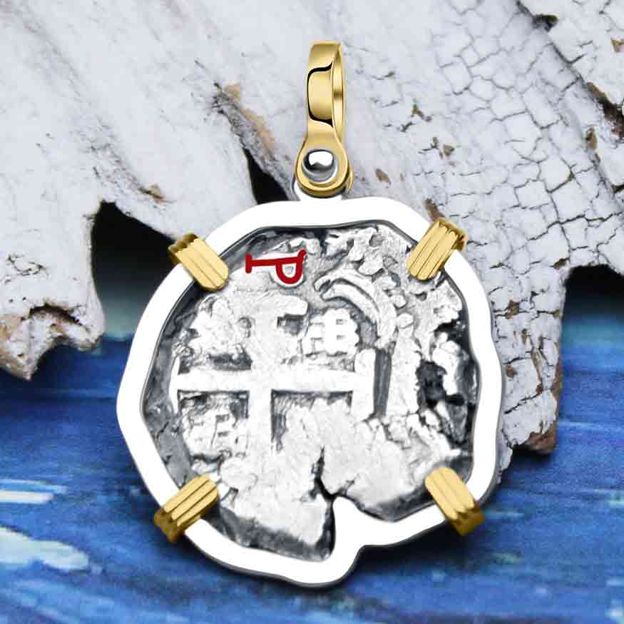 Pirate Era 1743 Spanish 2 Reale &quot;Piece of Eight&quot; 14K Gold and Sterling Silver Pendant