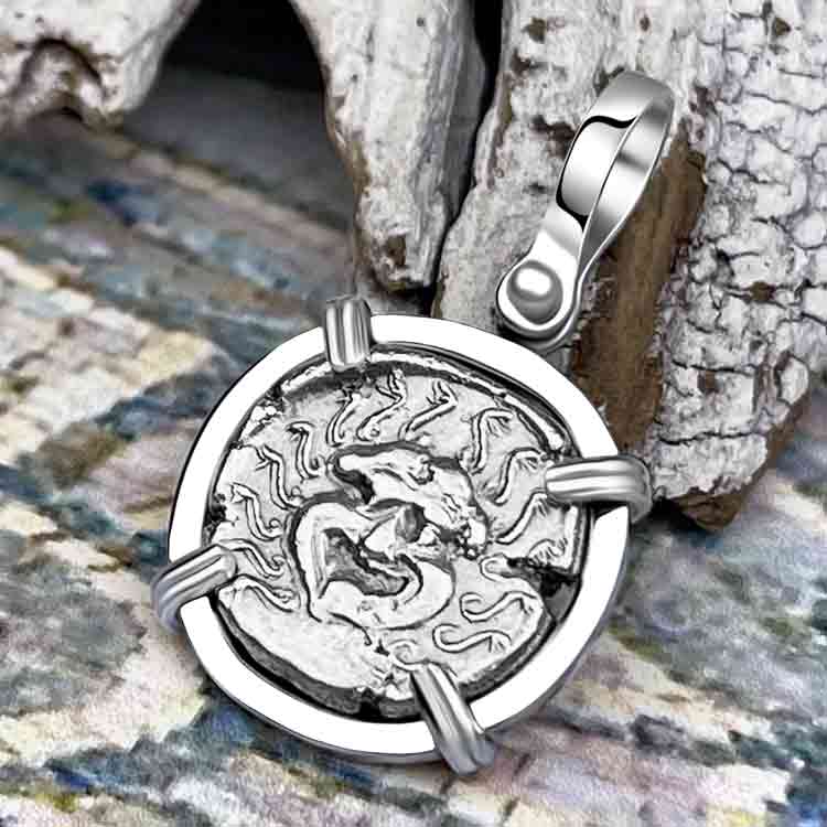 Ancient Greek Gorgon &amp; Anchor Symbol of Protection Silver Drachm 400 BC White Gold Pendant