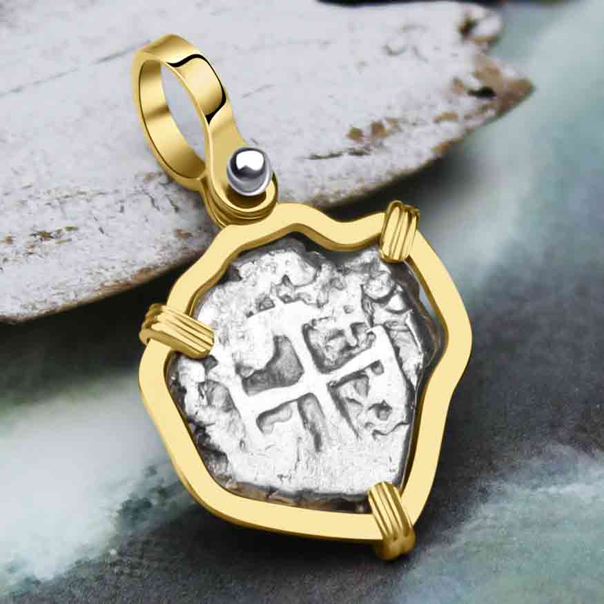 Heart Shaped 1742 Rimac River "Good Luck" Spanish 1/2 Reale "Piece of Eight" 14K Gold Pendant