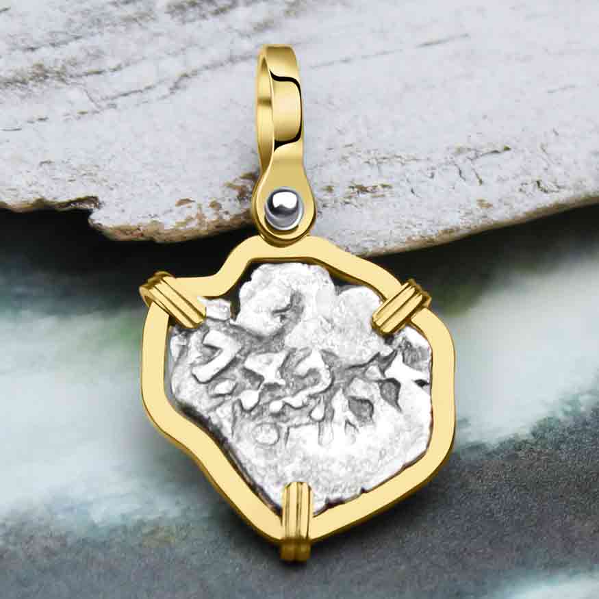 Heart Shaped 1742 Rimac River &quot;Good Luck&quot; Spanish 1/2 Reale &quot;Piece of Eight&quot; 14K Gold Pendant