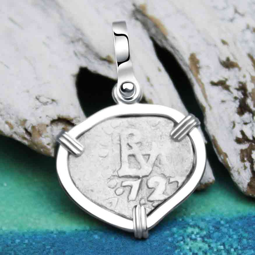 Heart Shaped 1727 Rimac River &quot;Good Luck&quot; Spanish 1/2 Reale &quot;Piece of Eight&quot; Sterling Silver Pendant | Artifact #9950