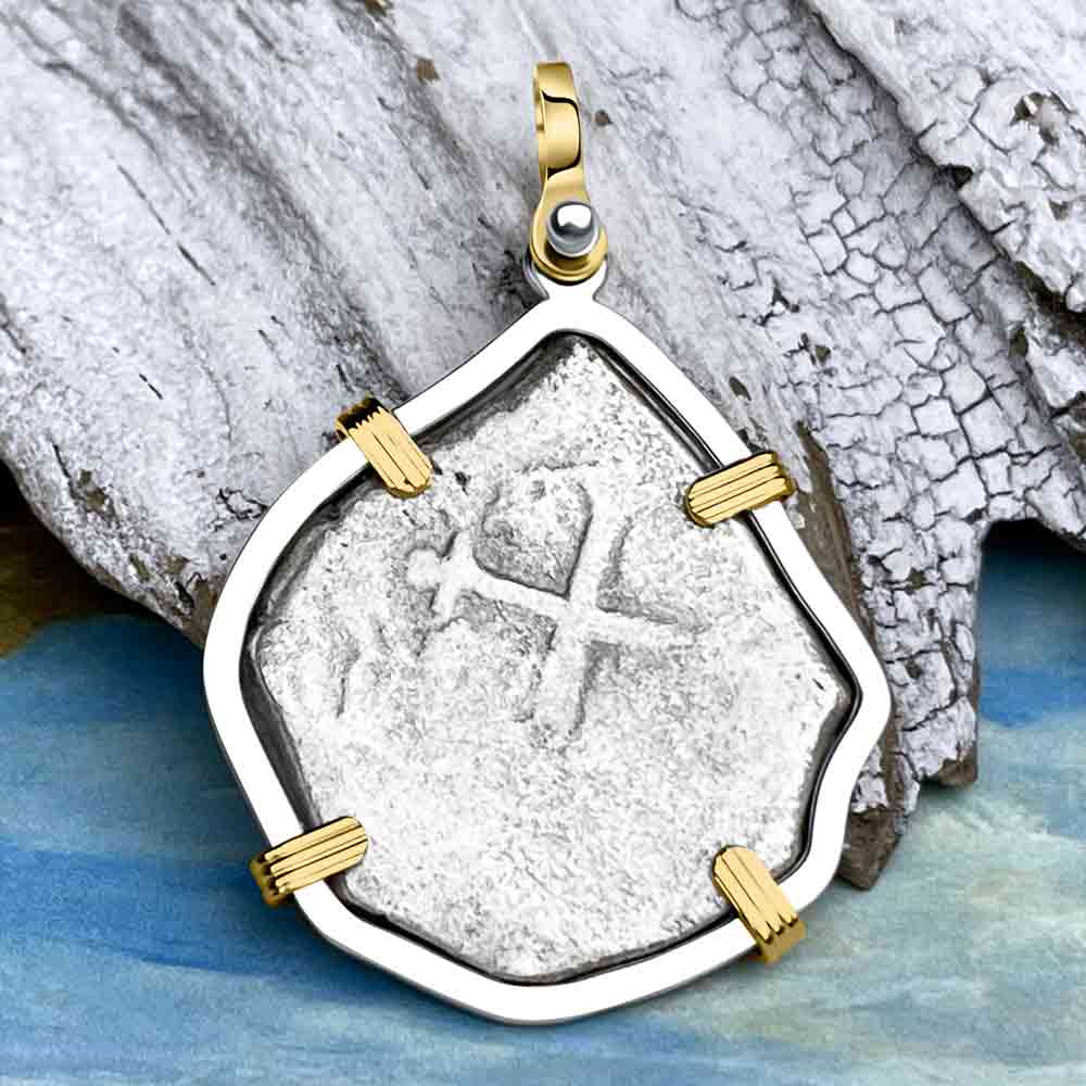 1715 Fleet Shipwreck Spanish 4 Reale &quot;Piece of 8&quot; 14K Gold and Sterling Silver Pendant