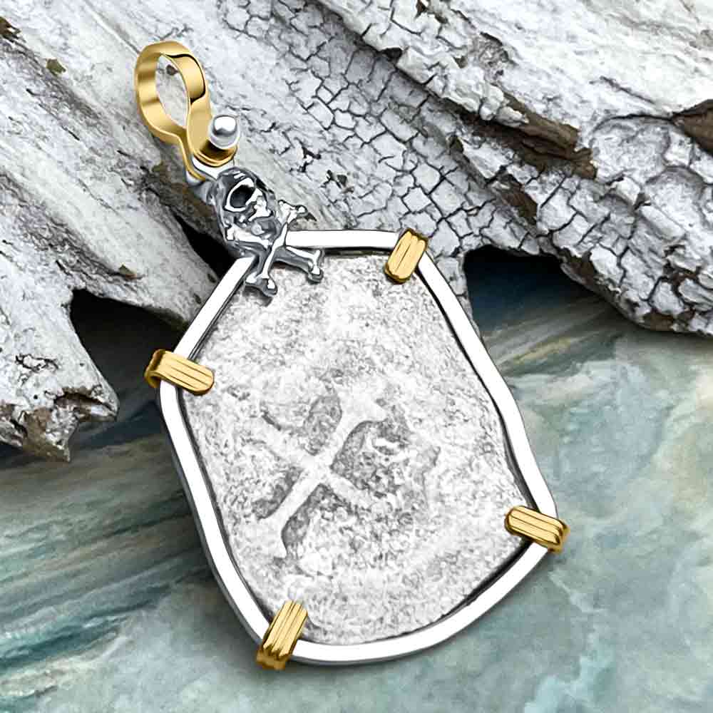 Joanna Shipwreck 4 Reale Cob &quot;Piece of 8&quot; Coin Skull and Cross Bones 14K Gold and Sterling Silver Pendant