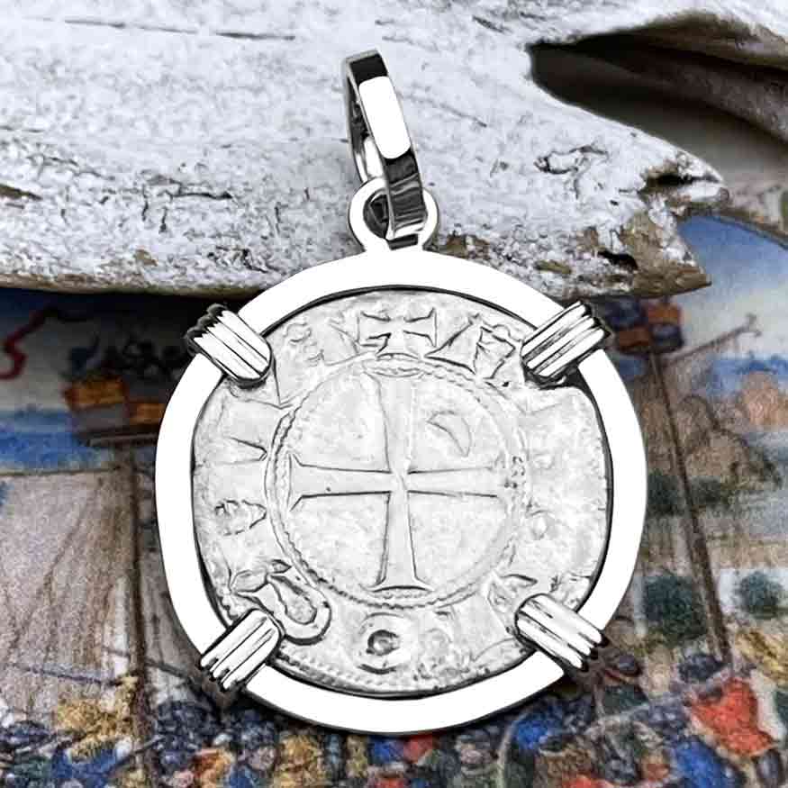 Templar Knights Era Antioch Crusader Medieval Silver Denier "Helmet Head" Coin of the Crusades 14K White Gold Pendant