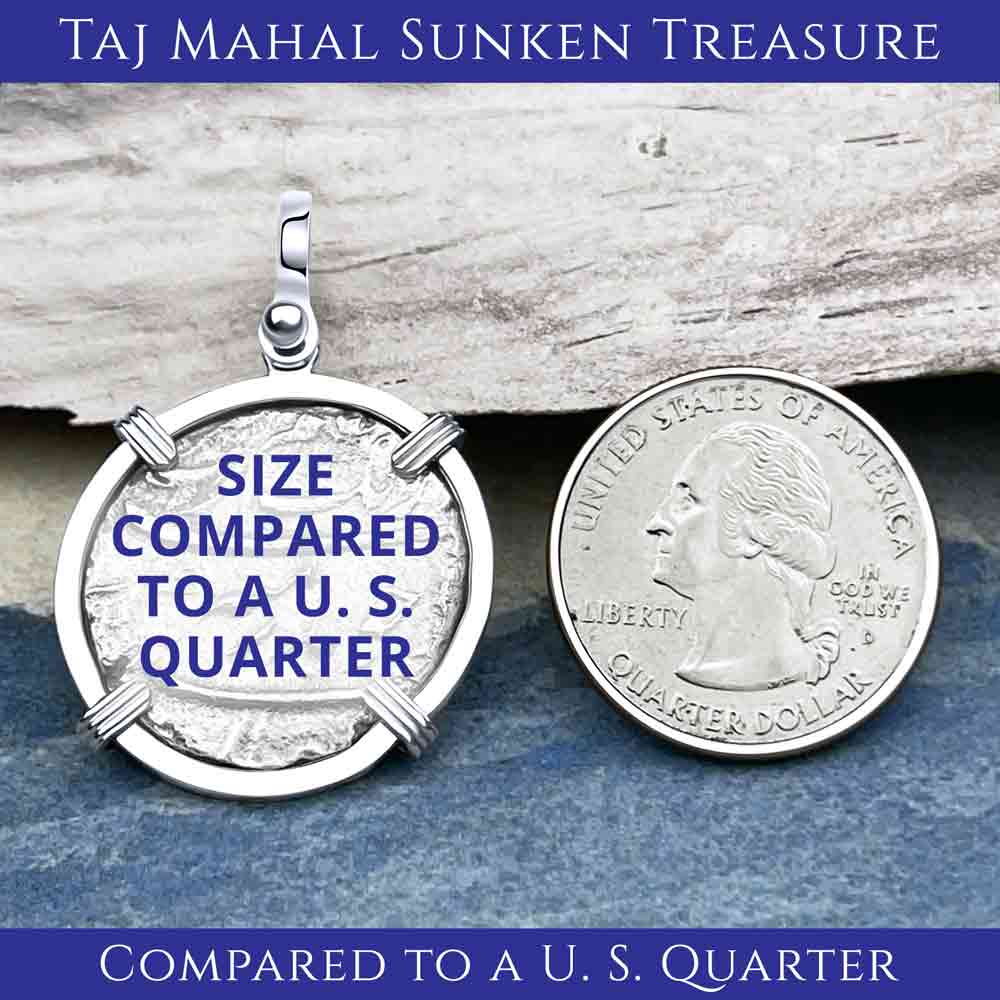 Taj Mahal Sunken Treasure - Arthur C Clarke&#39;s 1702 Shipwreck 1 Rupee Silver Coin 14K Gold and Sterling Pendant | Artifact #8423