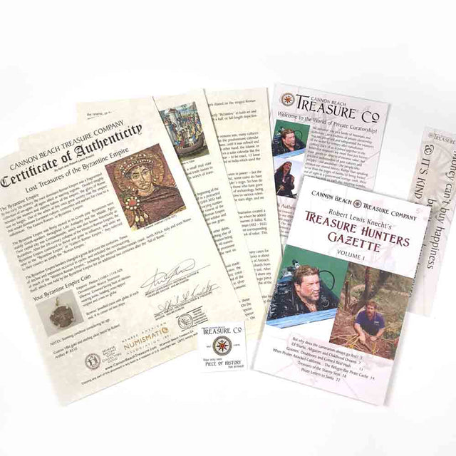 Detailed multi-page certificate of authenticity that comes with each of our treasure coin jewelry pendants researched and written by Robert Lewis Knecht - the finest Gold Standard historic documentation in the world