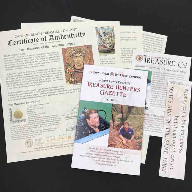Detailed multi-page certificate of authenticity that comes with each of our treasure coin jewelry pendants researched and written by Robert Lewis Knecht - the finest Gold Standard historic documentation in the world