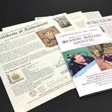 Detailed multi-page certificate of authenticity that comes with each of our treasure coin jewelry pendants researched and written by Robert Lewis Knecht - the finest Gold Standard historic documentation in the world