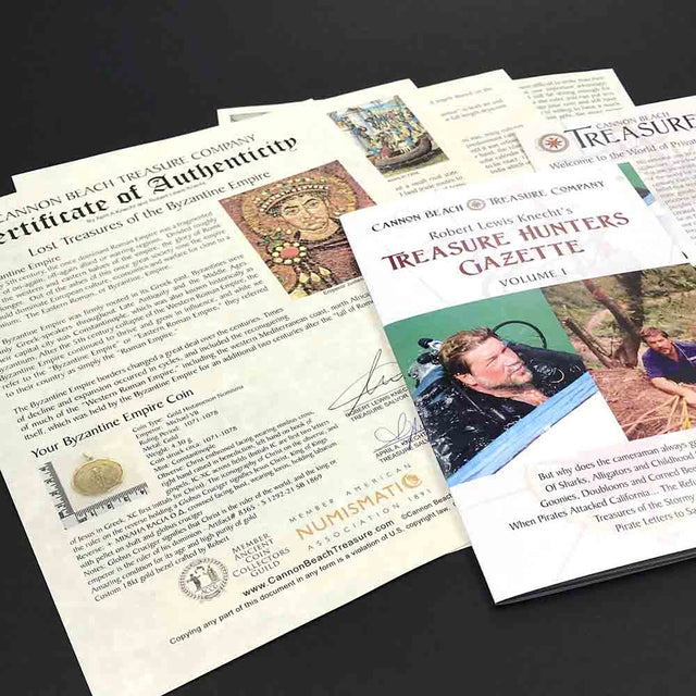 Detailed multi-page certificate of authenticity that comes with each of our treasure coin jewelry pendants researched and written by Robert Lewis Knecht - the finest Gold Standard historic documentation in the world
