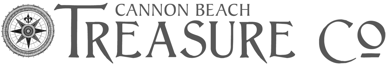 The Cannon Beach Treasure Compnay Logo with z detailed compass rose on the left with directional markers, and Cannon Beach Treasure Co in capitalized, bold letters on the right.