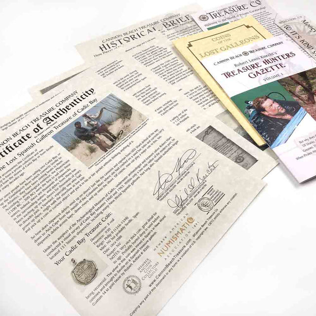 Detailed multi-page certificate of authenticity that comes with each of our treasure coin jewelry pendants researched and written by Robert Lewis Knecht - the finest Gold Standard historic documentation in the world