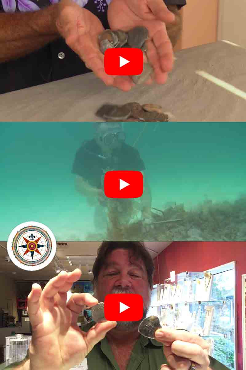 Hands hold silver coins on a table; a diver excavates underwater; a man displays coins indoors with a map logo nearby. Each scene contains a prominent red play button as they are screen grabs from Cannon Beach Treasure Compnay Youtube videos.