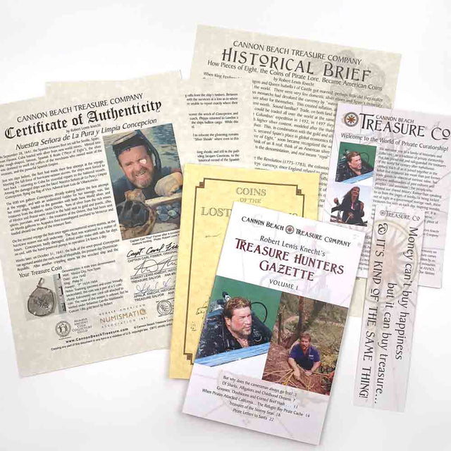 Detailed multi-page certificate of authenticity that comes with each of our treasure coin jewelry pendants researched and written by Robert Lewis Knecht - the finest Gold Standard historic documentation in the world