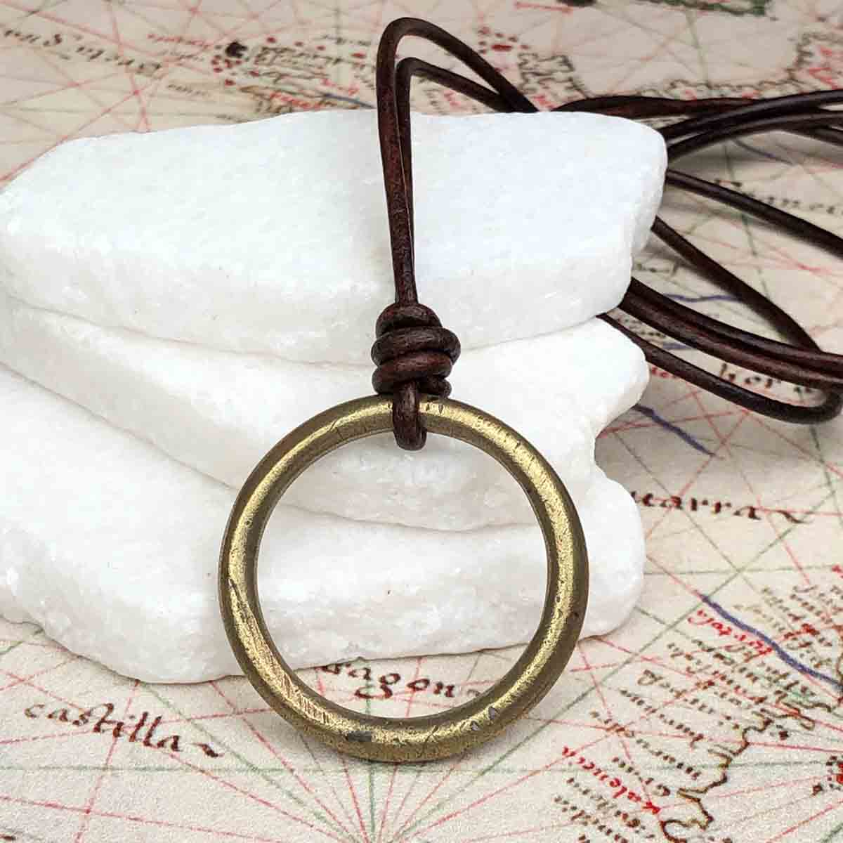 Large Warm Bronze Celtic Ring Money Leather Necklace