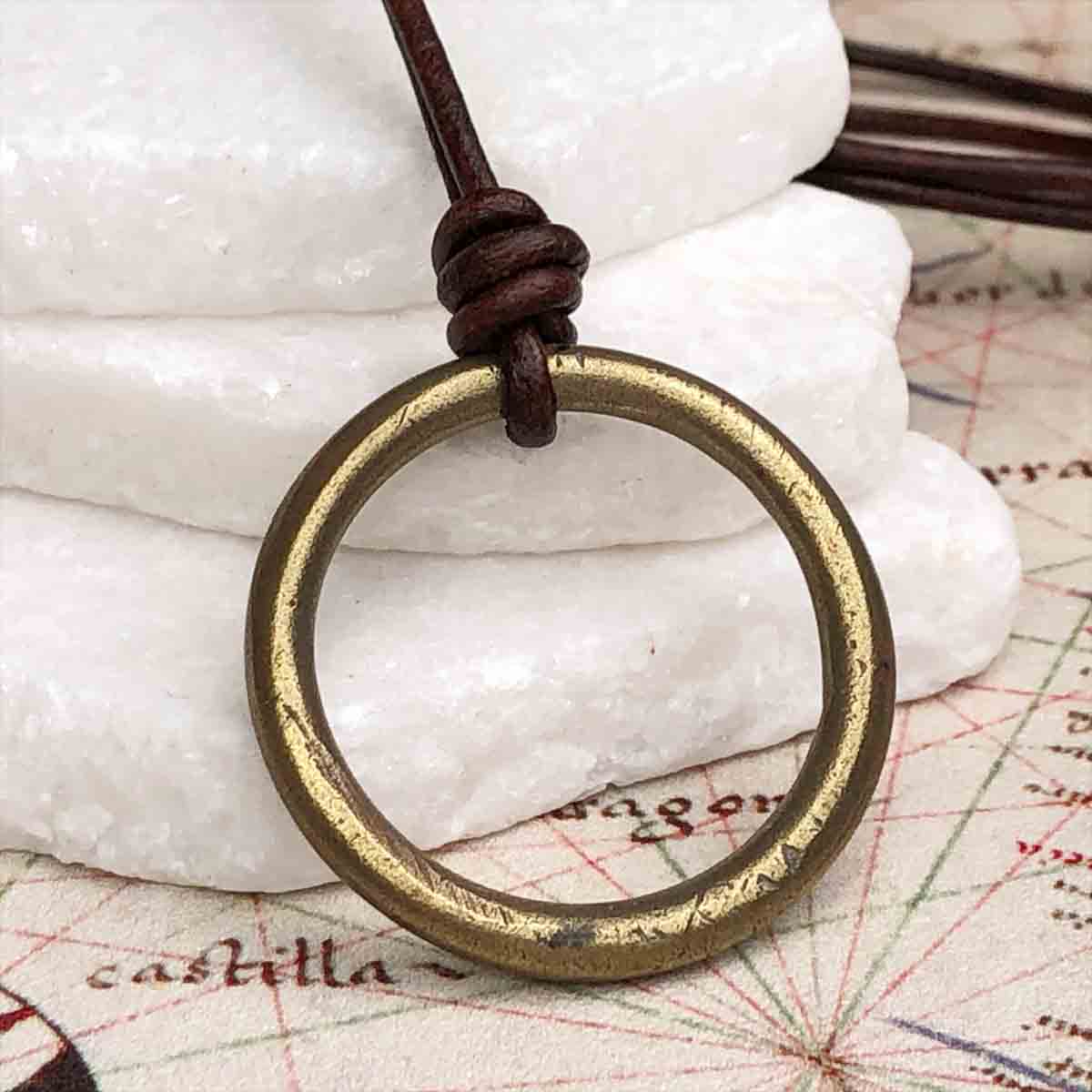 Large Warm Bronze Celtic Ring Money Leather Necklace