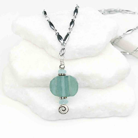 Ancient Roman Glass Deep Aqua Green Necklace on Tapered Cylinder Chain