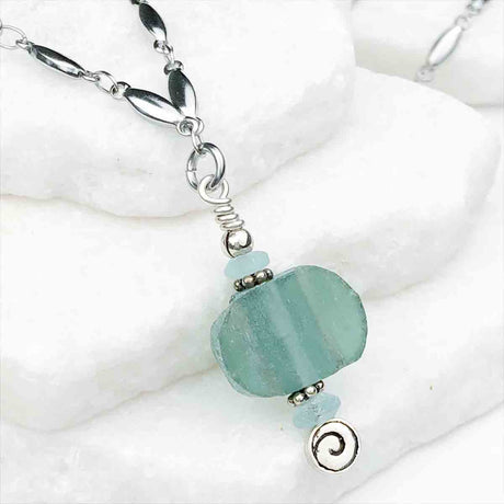 Ancient Roman Glass Deep Aqua Green Necklace on Tapered Cylinder Chain