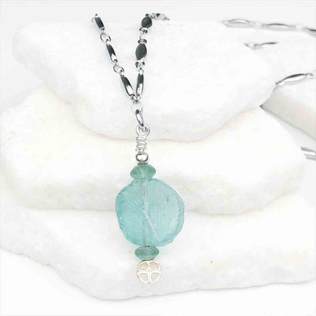 Ancient Roman Glass Blue Green Necklace on Tapered Cylinder Chain