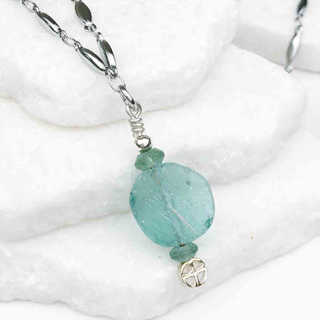 Ancient Roman Glass Blue Green Necklace on Tapered Cylinder Chain