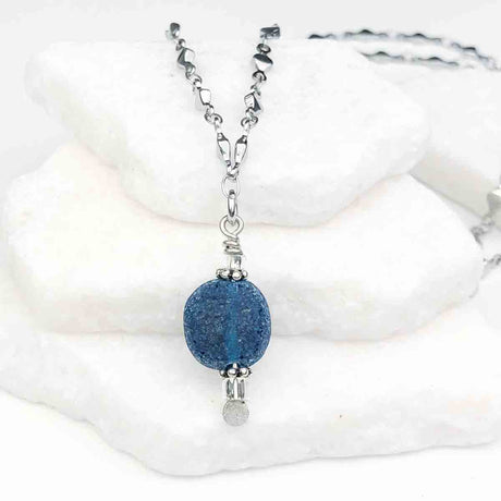 Ancient Roman Glass Deep Cobalt Blue Necklace on Diamond Chain