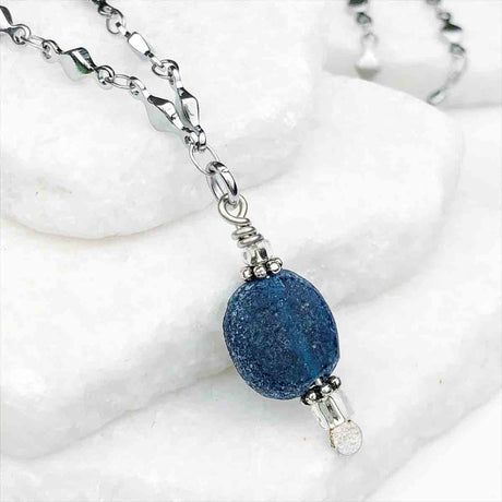 Ancient Roman Glass Deep Cobalt Blue Necklace on Diamond Chain