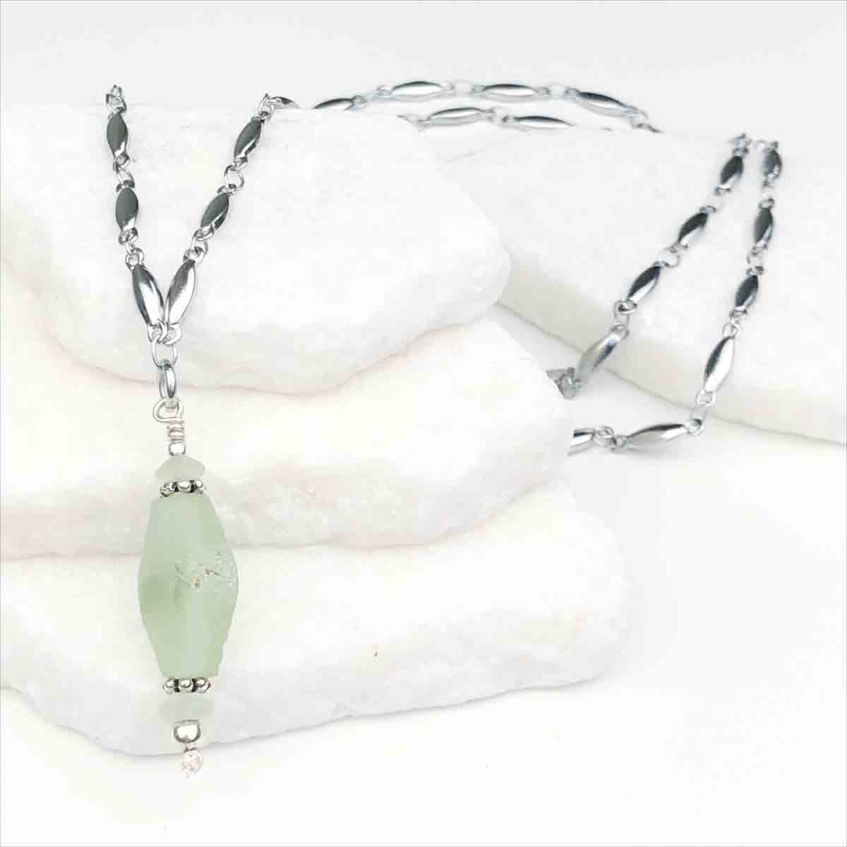 Ancient Roman Glass Ice Green Necklace on Tapered Cylinder Chain