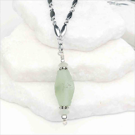 Ancient Roman Glass Ice Green Necklace on Tapered Cylinder Chain