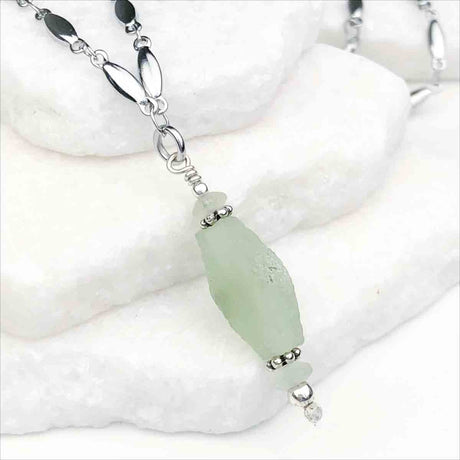 Ancient Roman Glass Ice Green Necklace on Tapered Cylinder Chain