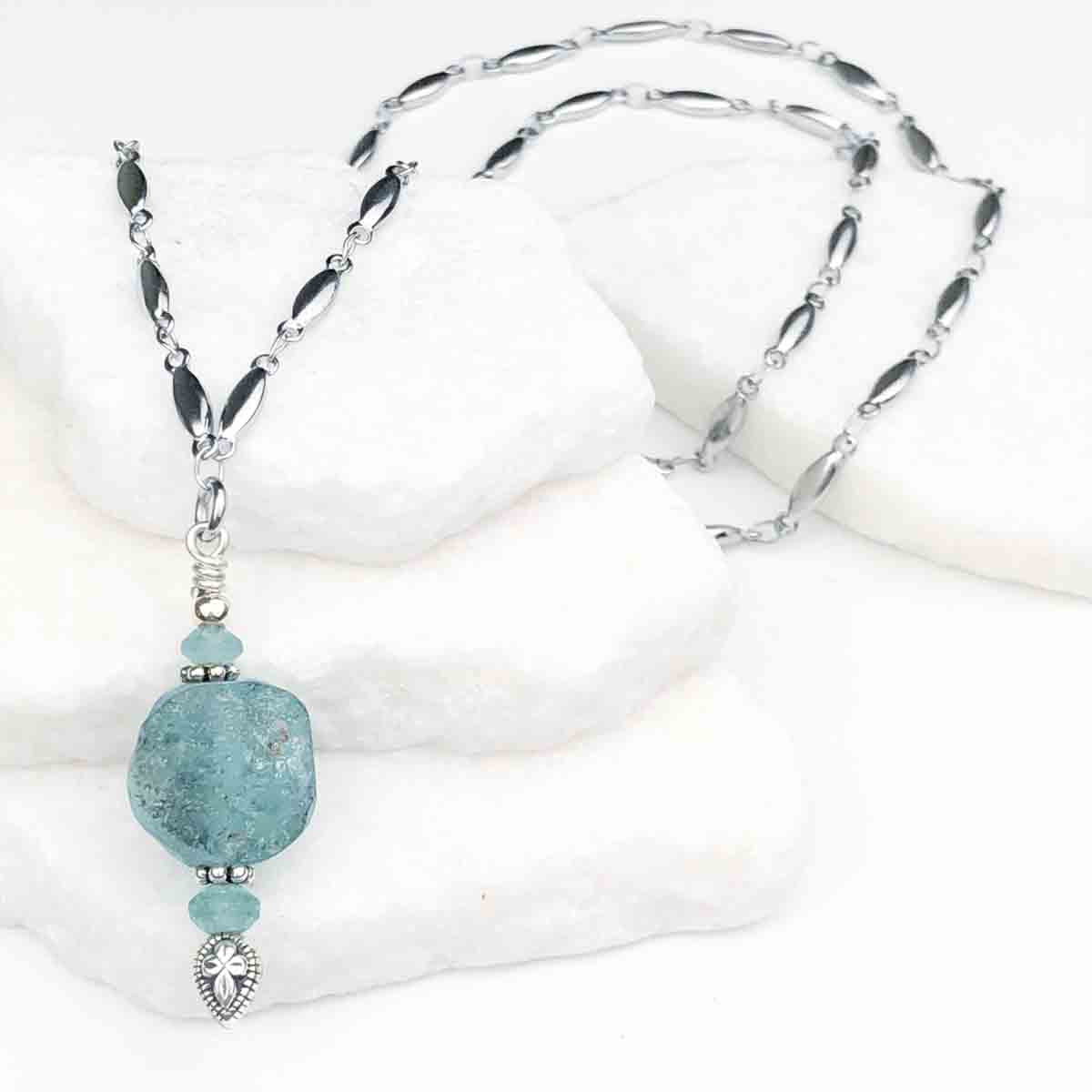 Ancient Roman Glass Soft Bright Aqua Necklace on Tapered Cylinder Chain
