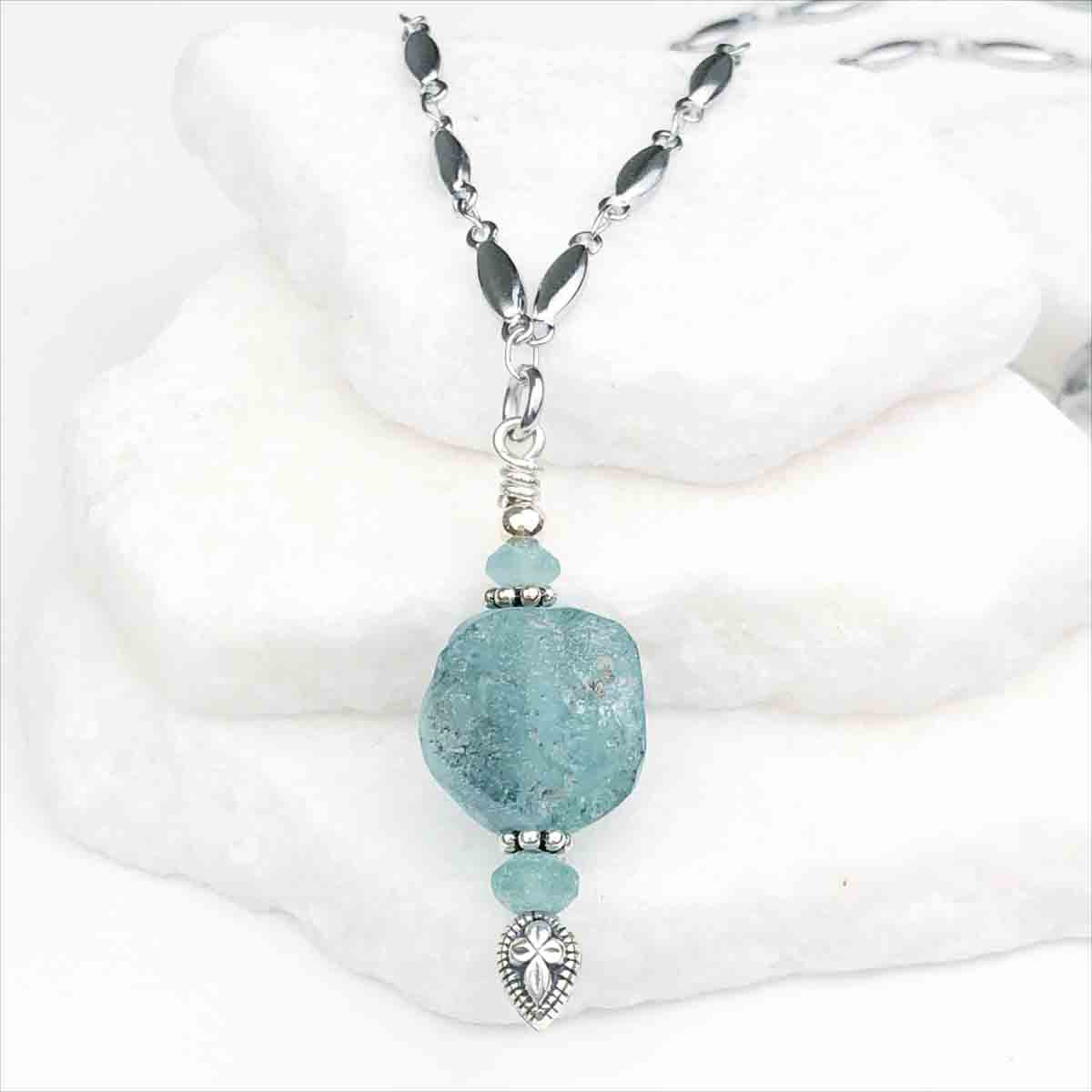 Ancient Roman Glass Soft Bright Aqua Necklace on Tapered Cylinder Chain
