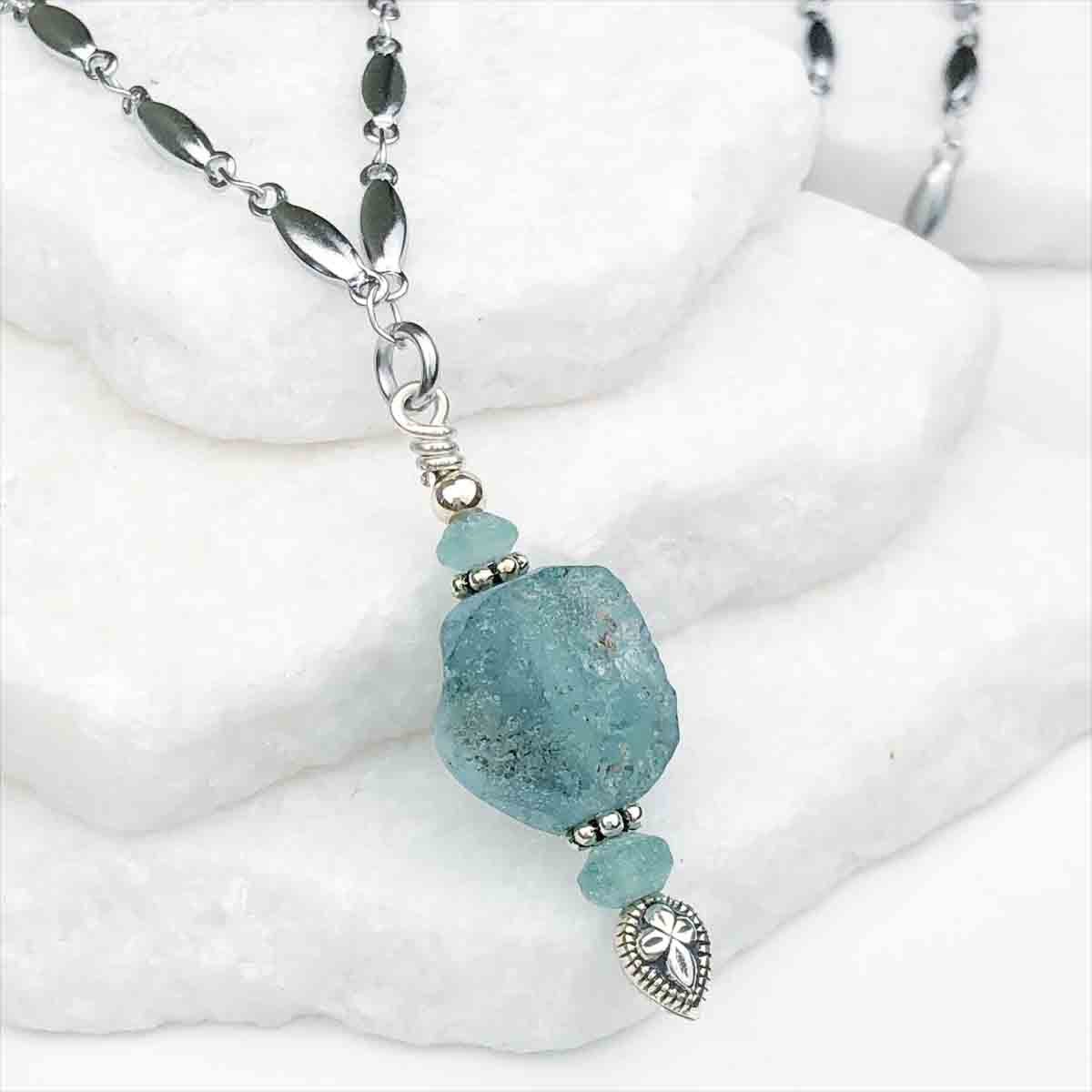 Ancient Roman Glass Soft Bright Aqua Necklace on Tapered Cylinder Chain