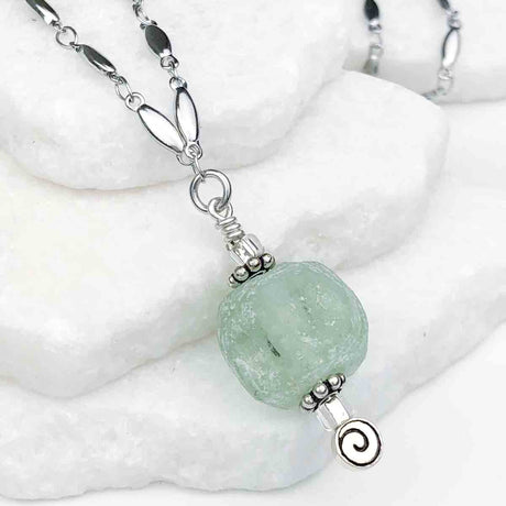 Ancient Roman Glass Thick Green to Aqua Necklace on Tapered Cylinder Chain