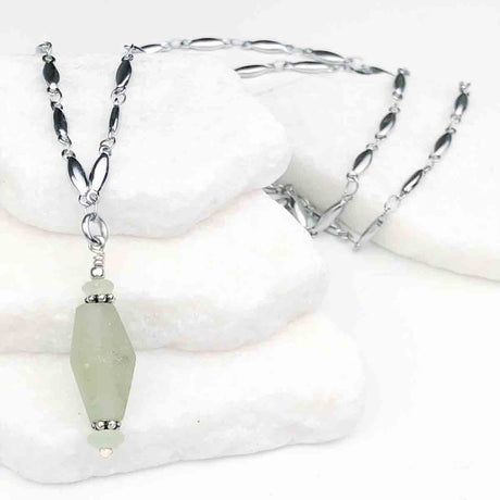 Ancient Roman Glass Light Green Necklace on Tapered Cylinder Chain