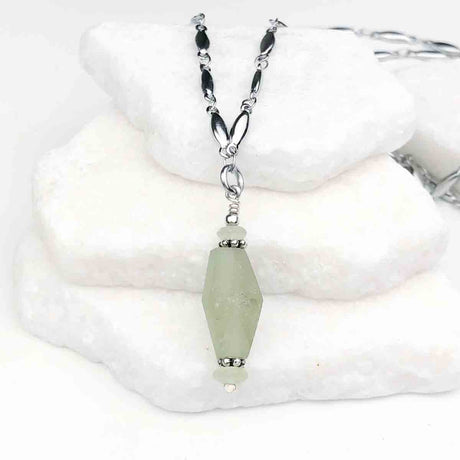 Ancient Roman Glass Light Green Necklace on Tapered Cylinder Chain