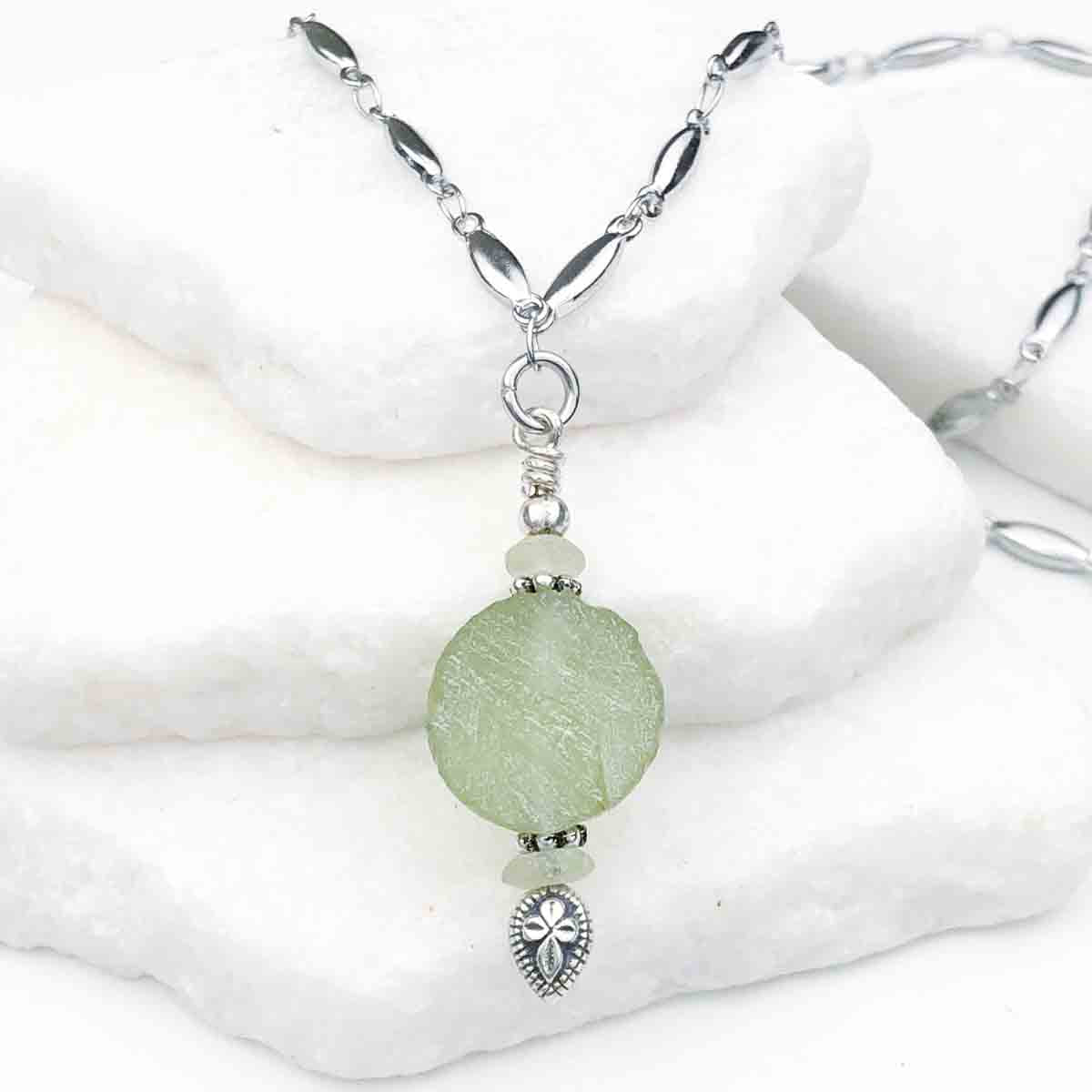 Ancient Roman Glass Soft Green Necklace on Tapered Cylinder Chain