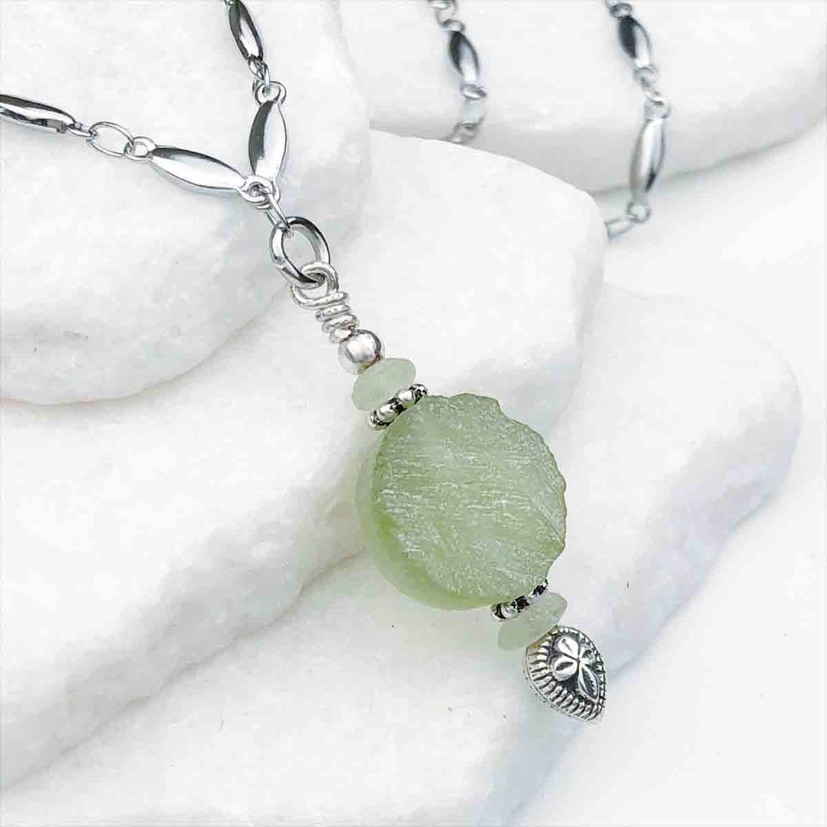 Ancient Roman Glass Soft Green Necklace on Tapered Cylinder Chain