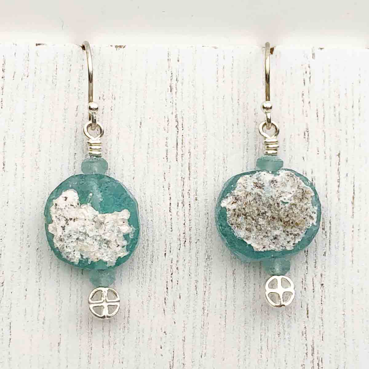 Ancient Roman Glass Earrings in Soft Aqua on Sterling Silver