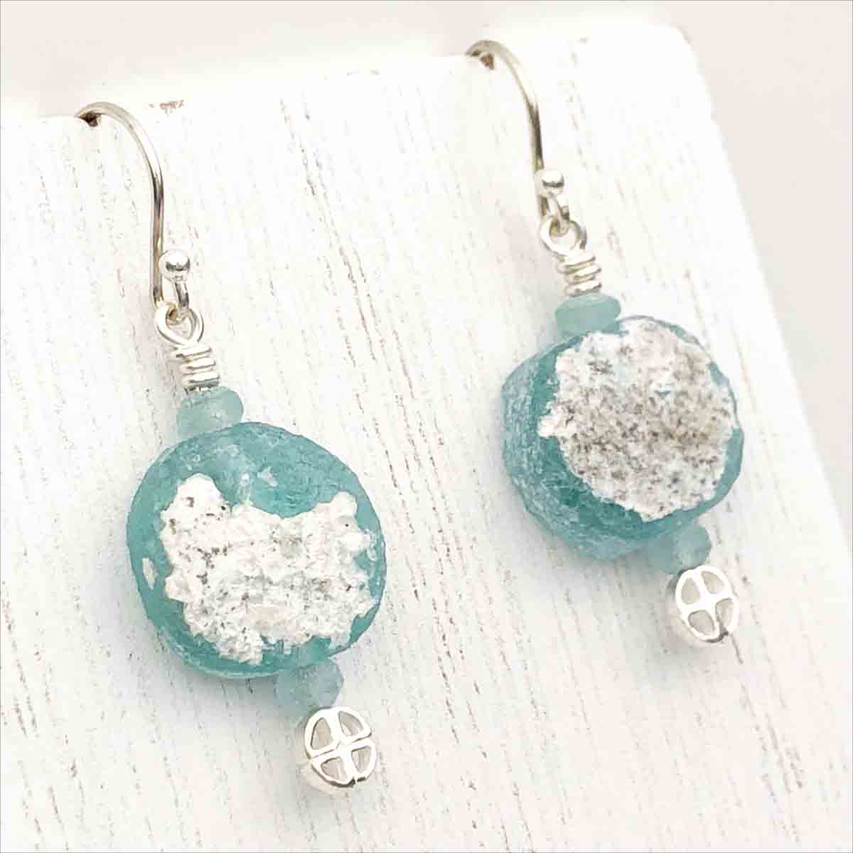 Ancient Roman Glass Earrings in Soft Aqua on Sterling Silver