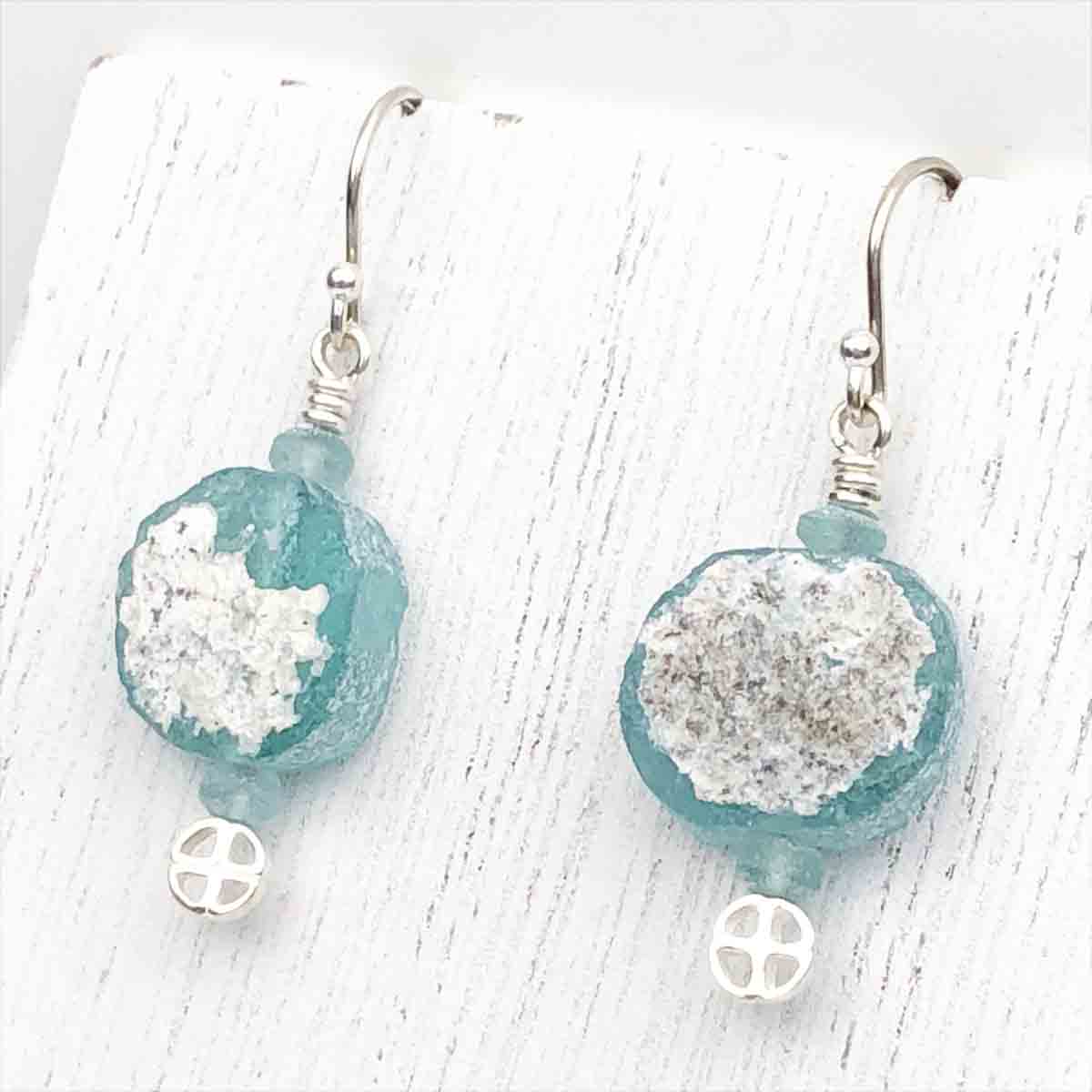 Ancient Roman Glass Earrings in Soft Aqua on Sterling Silver