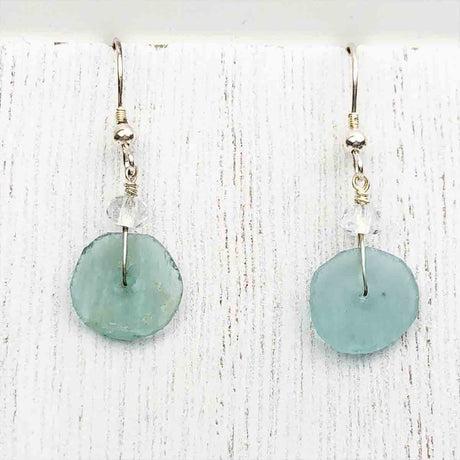 Ancient Roman Glass Aqua Blue Earrings on Sterling Silver