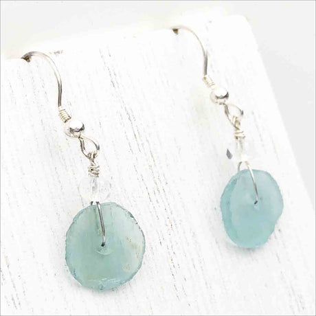 Ancient Roman Glass Aqua Blue Earrings on Sterling Silver
