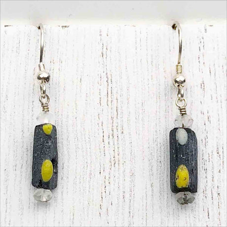 Ancient Roman Glass Bracelet Fragment Black and Yellow Earrings on Sterling Silver